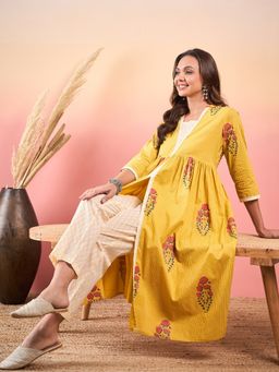 InWeave - Yellow V Neck Kurta & Pant (Set of 2)