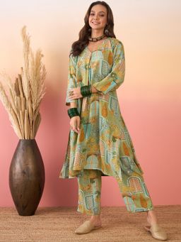 InWeave - Green Window Print V Neck Kurta and Pant (Set of 2)