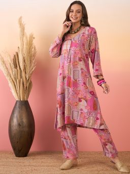 InWeave - Pink Window Print V Neck Kurta and Pant (Set of 2)
