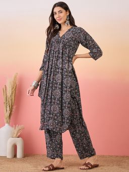 InWeave - Ajrakh Foil V Neck Flared Kurta and Pant (Set of 2)