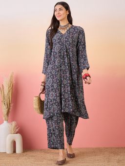 InWeave - Ajrakh Foil V Neck Flared Kurta and Pant (Set of 2)