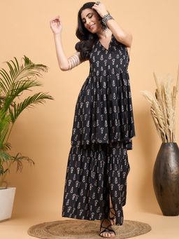 InWeave - Printed Black Backless Kurta and Sharara (Set of 2)