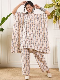 InWeave - Ikkat Off White Tie Neck Boho Kaftan and Pant (Set of 2)