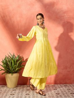 InWeave - Embellished Lurex Yellow Kurta and Pant (Set of 2)