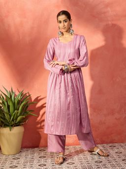 InWeave - Embellished Lurex Purple Kurta and Pant (Set of 2)