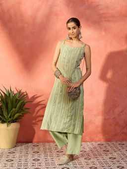 InWeave - Lurex Thick Strappy Green Straight Kurta and Pant (Set of 2)