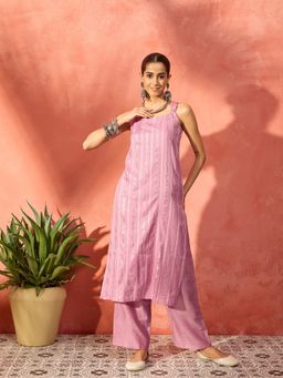 InWeave - Lurex Thick Strappy Lavender Straight Kurta and Pant (Set of 2)