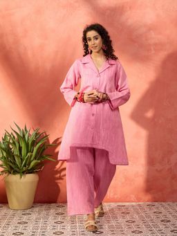 InWeave - Handloom Pink Solid Blazer Kurta and Pant (Set of 2)