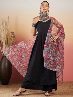 InWeave - Black Strappy W Peach Swirl Kurta and Palazzo with Printed Dupatta (Set of 3)