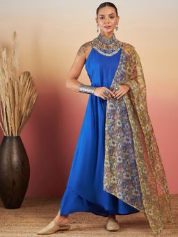 InWeave - Blue Strappy Solid Kurta and Palazzo with Printed Dupatta (Set of 3)