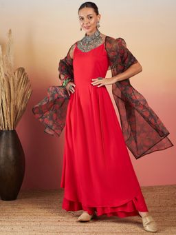 InWeave - Red Strappy Solid Kurta and Palazzo with Printed Dupatta (Set of 3)