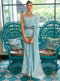 Akhilam - Womens Silk Blend Blue Chikankari Designer Saree with Unstitched Blouse