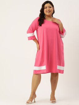 theRebelinme - Plus Size Womens Light Fuchsia Pink & White Knee Length Dress