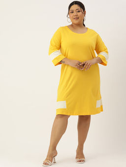 theRebelinme - Plus Size Womens Light Yellow & White Knee Length Dress