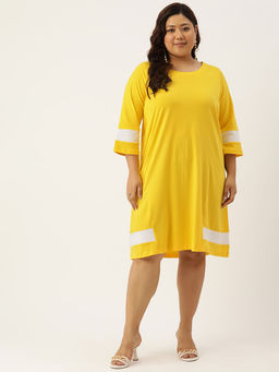 theRebelinme - Plus Size Womens Yellow & White Knee Length Dress