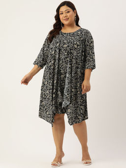 theRebelinme - Plus Size Womens Black Floral Batik Printed Layered Knee Length Dress