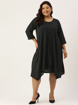 theRebelinme - Plus Size Womens Black Polka Dot Printed Layered Knee Length Dress