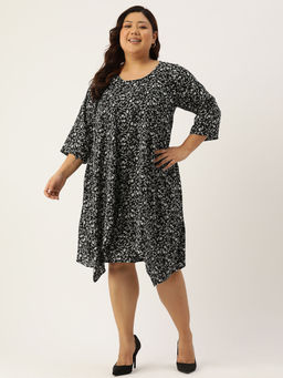 theRebelinme - Plus Size Womens Black Small Floral Printed Layered Knee Length Dress