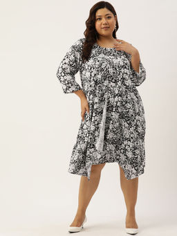 theRebelinme - Plus Size Womens Grey White Floral Printed Layered Knee Length Dress