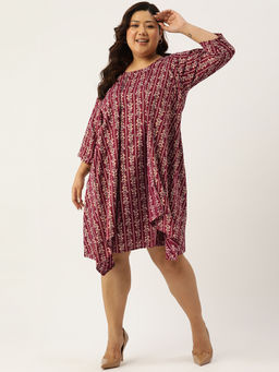 theRebelinme - Plus Size Womens Maroon Gold Floral Printed Layered Knee Length Dress