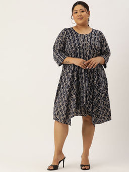 theRebelinme - Plus Size Womens Navy Gold Floral Printed Layered Knee Length Dress