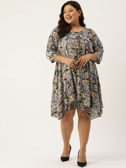 theRebelinme - Plus Size Womens Navy Rose Floral Printed Layered Knee Length Dress