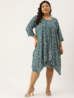 theRebelinme - Plus Size Womens Teal Floral Batik Printed Layered Knee Length Dress
