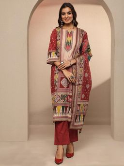 Libas - Maroon Printed Cotton Blend Straight Kurta with Pant & Dupatta for Women