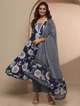 Libas - Blue Printed Cotton Blend Anarkali Kurta with Pant & Dupatta for Women