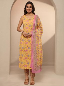 Libas - Yellow Printed Cotton Blend Straight Kurta with Pant & Dupatta for Women