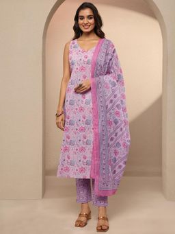Libas - Lavender Printed Cotton Blend Straight Kurta with Pant & Dupatta for Women