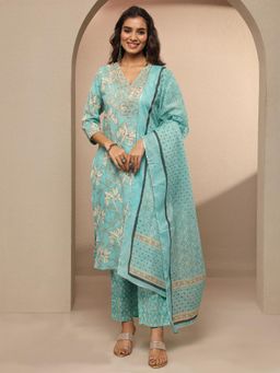 Libas - Blue Printed Cotton Blend Straight Kurta with Pant & Dupatta for Women