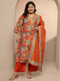 Extra love by Libas - Orange Printed Silk Blend Straight Kurta with Pant & Dupatta for Women