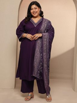 Extra love by Libas - Purple Yoke Design Silk Blend Straight Kurta with Pant & Dupatta for Women