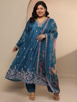 Extra love by Libas - Teal Embroidered Silk Crepe A-Line Kurta with Pant & Dupatta for Women