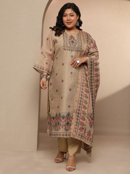 Extra love by Libas - Plus Size Women Beige Silk Blend Straight Kurta with Pant & Dupatta for Women
