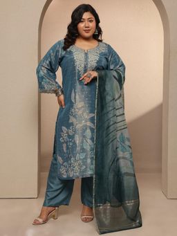 Extra love by Libas - Plus Size Women Blue Silk Blend Straight Kurta with Pant & Dupatta for Women