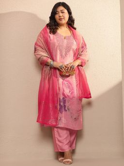 Extra love by Libas - Plus Size Women Pink Silk Blend Straight Kurta with Pant & Dupatta for Women
