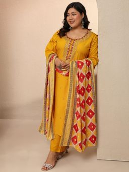 Extra love by Libas - Yellow Embroidered Straight Kurta with Pant & Dupatta for Women