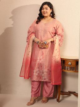 Extra love by Libas - Peach Printed Silk Blend Straight Kurta with Pant & Dupatta for Women