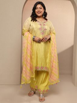 Extra love by Libas - Yellow Embroidered Silk Crepe Straight Kurta with Pant & Dupatta for Women
