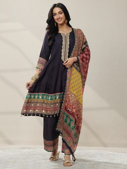 Libas - Navy Blue Printed Silk Blend A-Line Kurta with Pant & Dupatta for Women