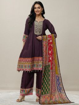 Libas - Burgundy Printed Silk Blend A-Line Kurta with Pant & Dupatta for Women