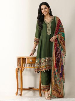 Libas - Green Printed Silk Blend A-Line Kurta with Pant & Dupatta for Women