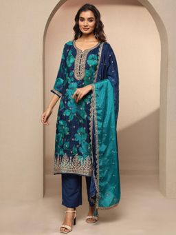 Libas - Navy Blue Printed Silk Blend Straight Kurta with Pant & Dupatta for Women