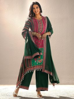 Libas - Green Printed Silk Blend Straight Kurta with Pant & Dupatta for Women