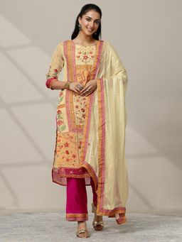 Libas - Cream Printed Organza Straight Kurta with Pant and Dupatta for Women