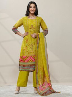 Libas - Green Printed Organza Straight Kurta with Pant & Dupatta for Women