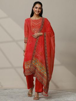 Libas - Red Printed Organza Straight Kurta with Pant & Dupatta for Women