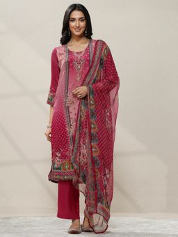Libas - Pink Printed Silk Blend Straight Kurta with Pant & Dupatta for Women